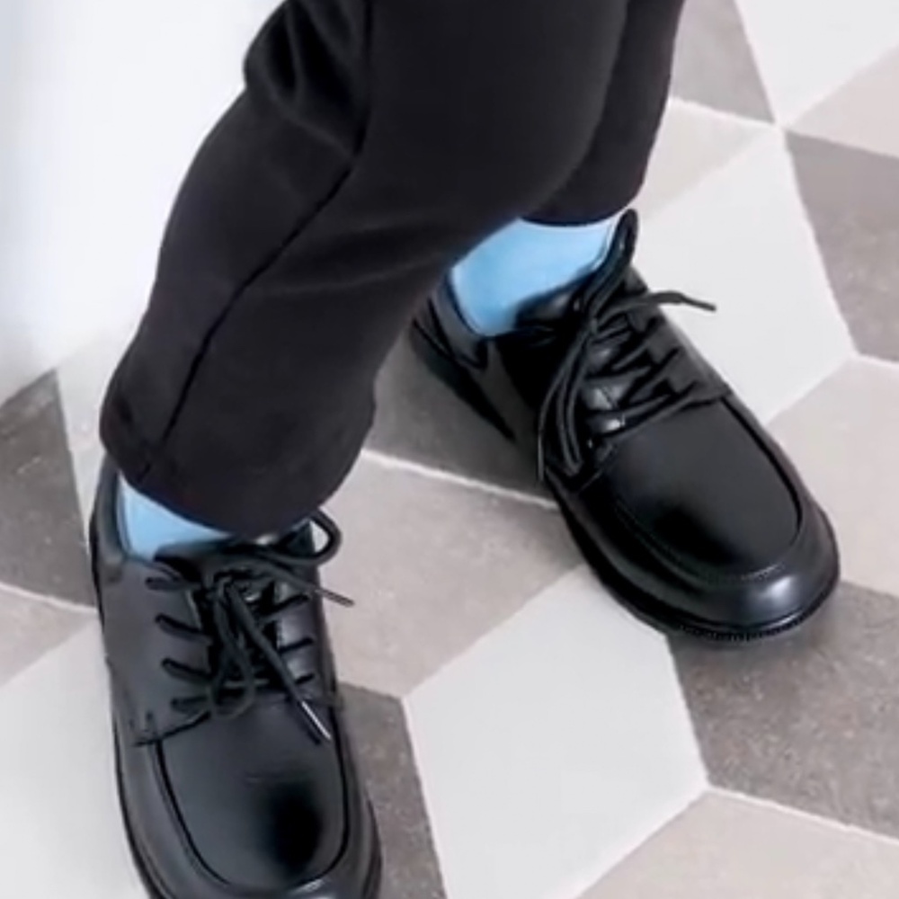 Boy Black Dress Shoe/Lace Up/Round Flat/Slip on/ Genuine Leather/Back to School - Picture 4 of 7
